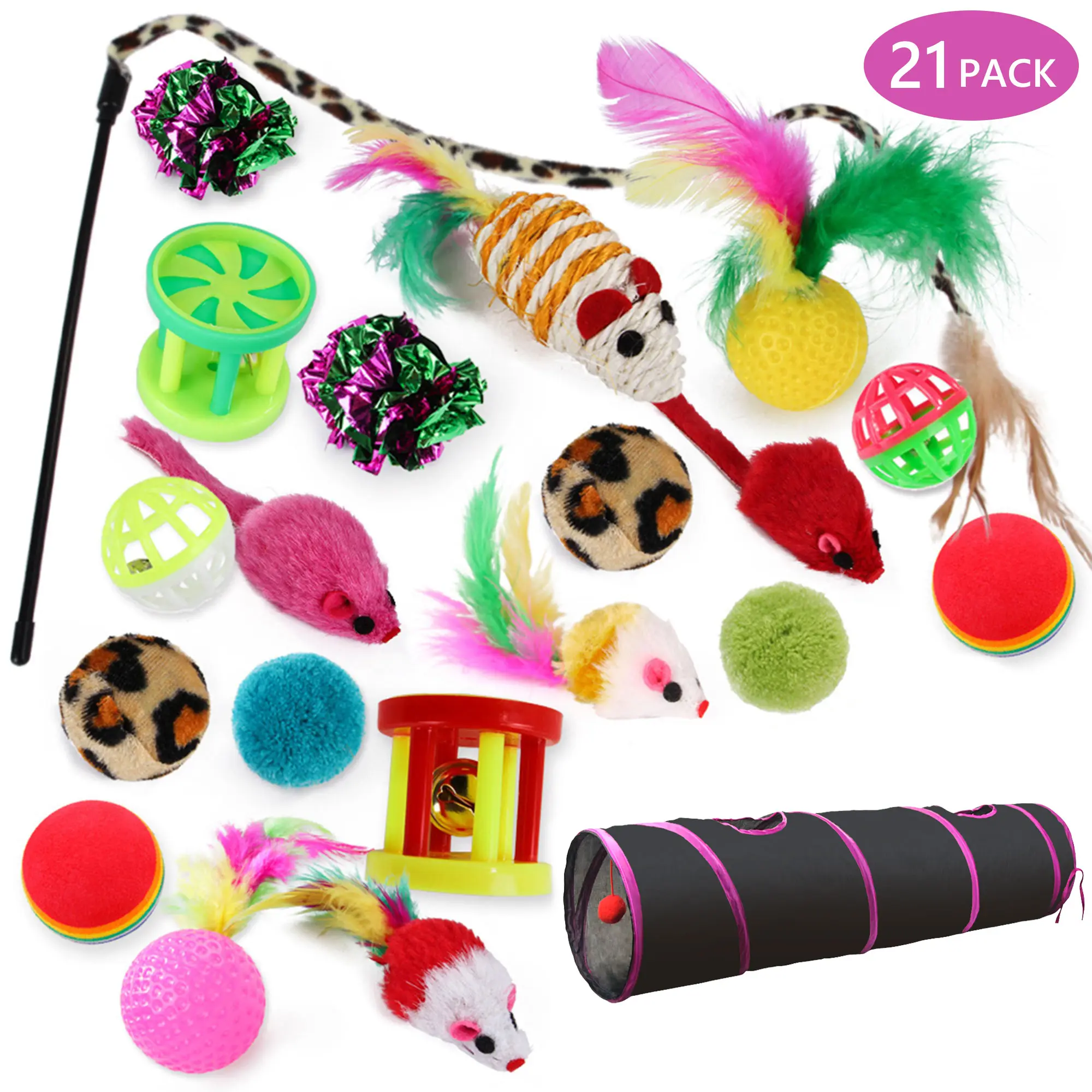 Black Rose 21Pcs Cat Toys Kitten Toy Set - Tunnel Interactive Kitten Toy Set with Fluffy Mouse for Cats