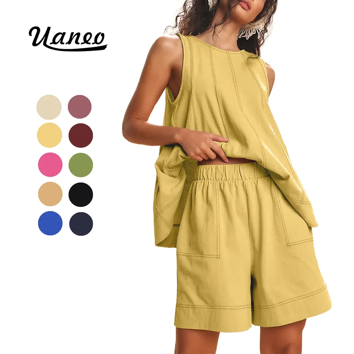 UANEO Womens 2 Piece Outfits Sleeveless Matching Sets A Line Tank Tops Contrast Stitching High Waist Shorts with Pockets Summer