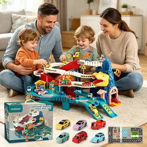 King Size Electric Dinosaur Race Track Playset for Toddlers, Multi-Level Ramp Car Track with Dinosaur Mouth Tunnel, Parking Lot, Bridge, Road Signs & 6 Mini Toy Cars, Educational Vehicle Gift for Boys Girls 3+