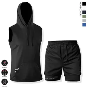 Men's 2-piece casual sports set, drawstring hooded vest with soft comfortable outdoor pants - cool breathable quick-dry versatile workout wear, suitable for everyday exercise, running, cycling, fishing, and family activities