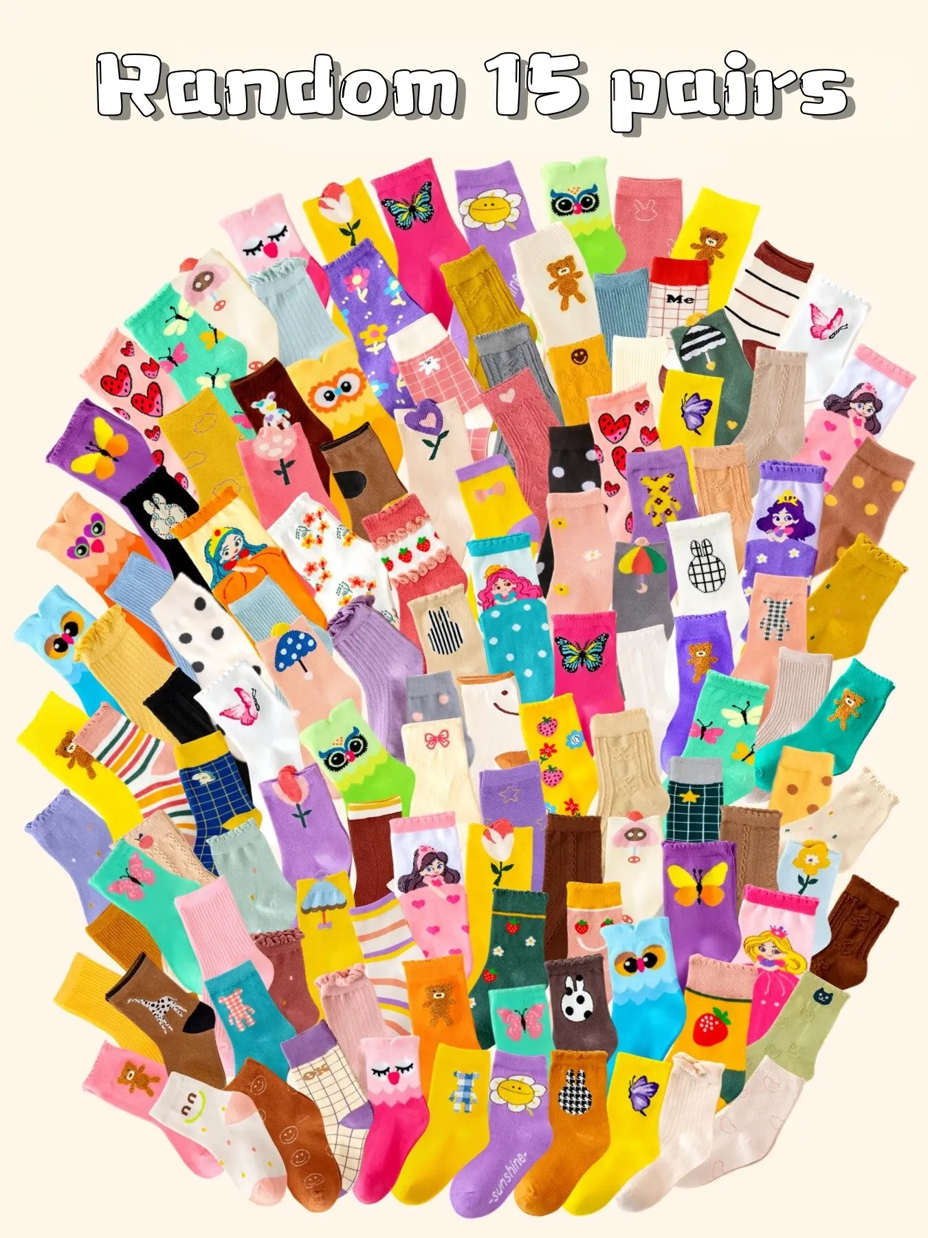 Random 15 Pairs Sock Set Girls Princess Casual Daily Knitted Socks, Soft Comfy Socks, Cute Cartoon Design, Soft Sweat-Absorbing Fabric, All-Season Wearable, Perfect Gift Idea