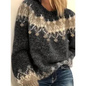 Ethnic Pattern Pullover Knitted Sweater - Casual Long Sleeve Crew Neck Sweater For Fall & Winter - Women's Clothing - Soft & Cozy - Perfect Gift for Women