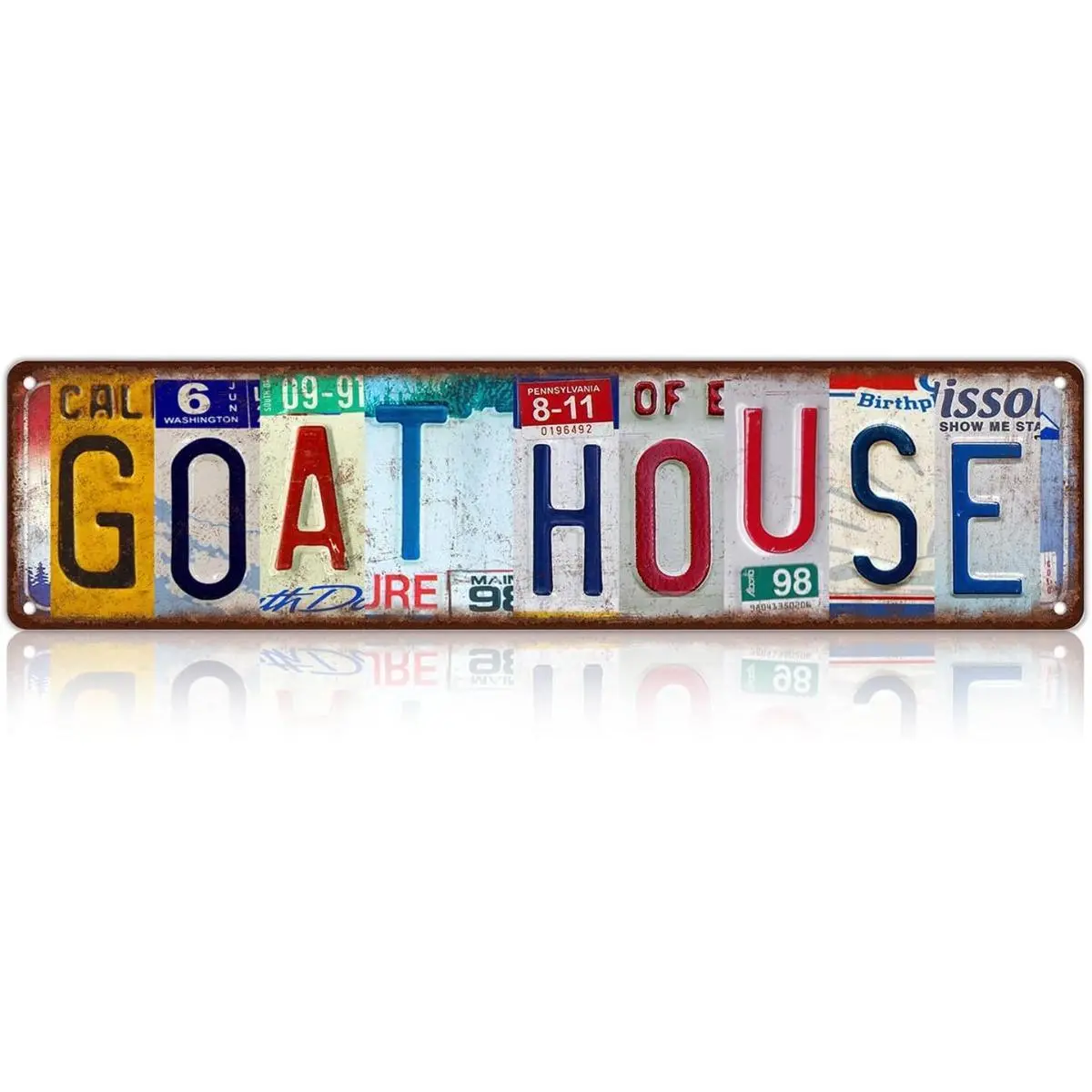 16×4 In Vintage GOAT HOUSE Multi-State License Plate Collage Metal Tin Sign, Wall Mount Aged Antique Americana Inspired Farm House Decor Plaque, Rustic Gift For Goat Farmers