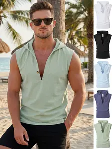 Men's Linen Solid Hooded Sleeveless Vest, Comfort Fit, V-Neck Half Button Placket, Lightweight Breathable, Summer Daily Commute Vacation, Classic Versatile, Today's Clearance, Focus Item, Essential for Man's Wardrobe.