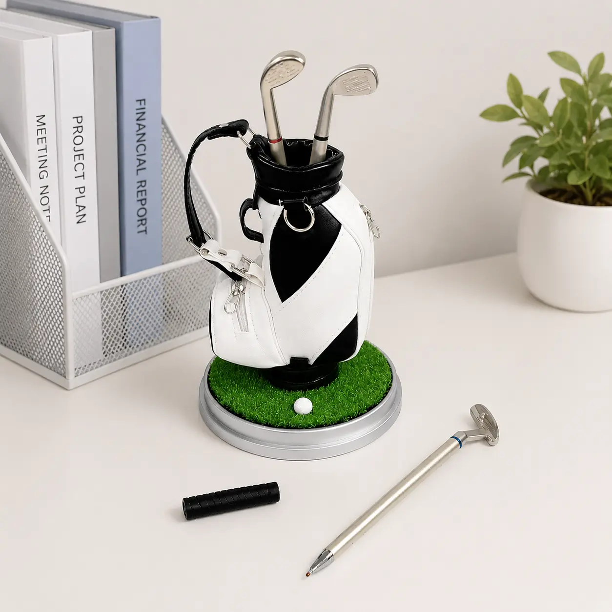 Golf Theme Desk Organizer with 3-Pen Set, Creative Pen Storage, Holiday Gift for Office Workers