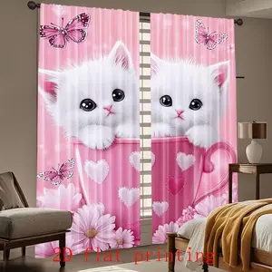 2-piece set of 2D printed pink background cute cat butterfly flower curtains, semi transparent polyester material party home decoration curtains, suitable for bedrooms, living rooms, dining rooms, kitchens, study rooms, and offices.