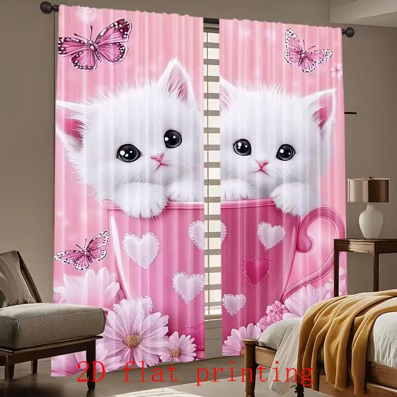 2-piece set of 2D printed pink cute cat butterfly flower curtains, semi transparent polyester material party home decoration window curtains, Curtain for windows, suitable for bedrooms, living rooms, dining rooms, Home Decorative Curtain