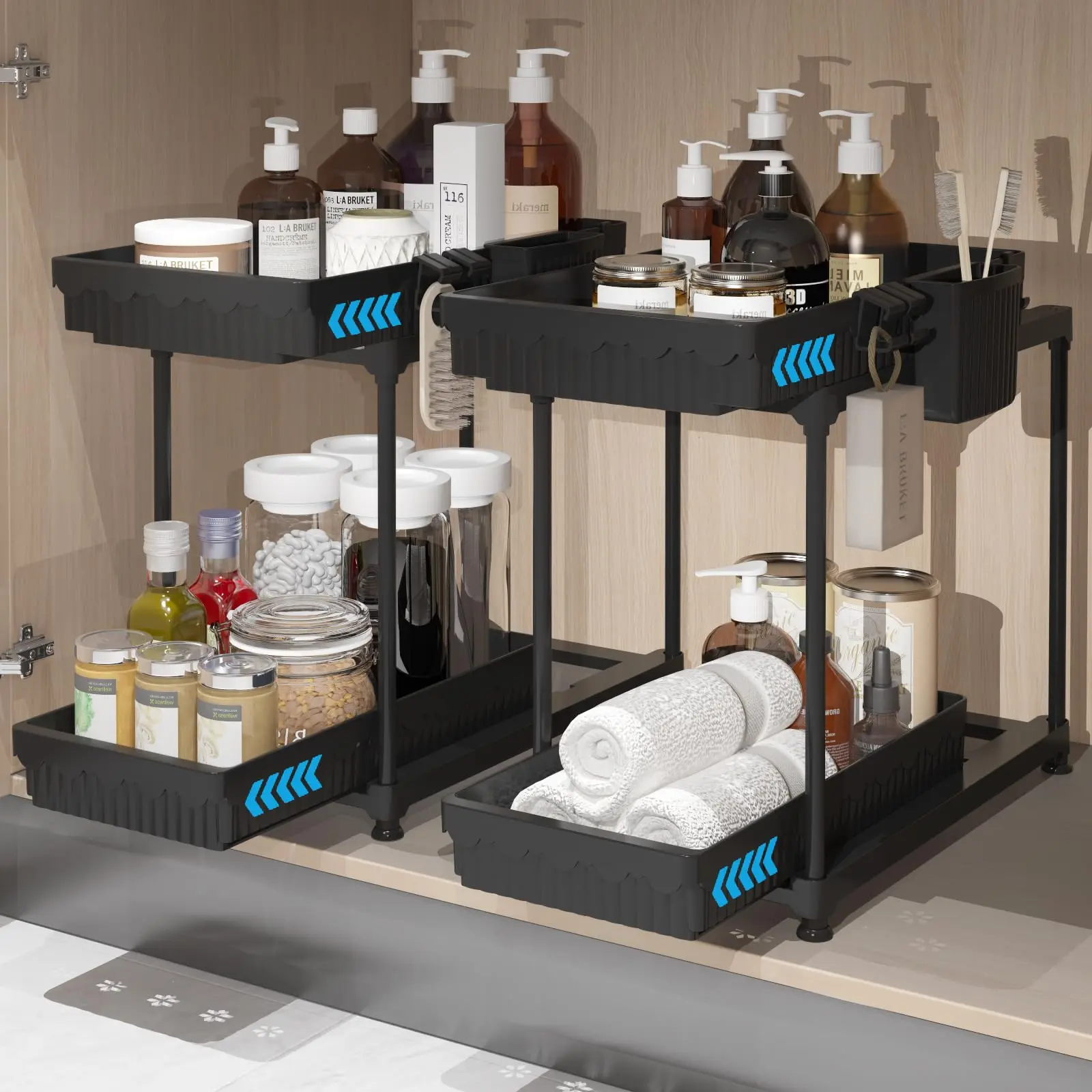 2 Pack Under Sink Organizer and Storage, Double Sliding 2 Tier Pull-Out Under Cabinet Organizer, Bathroom Storage and organization with Hanging Cup and Hooks, Home Organization, Black Racks Basket