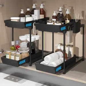 2 Pack Under Sink Organizer and Storage, Double Sliding 2 Tier Pull-Out Under Cabinet Organizer, Bathroom Storage and organization with Hanging Cup and Hooks, Home Organization, Black Racks Basket