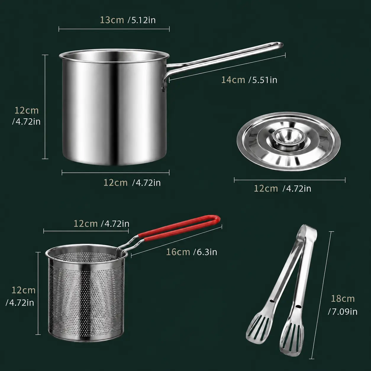 Stainless Steel Deep Fryer Set - 5.12*4.72in 1-Person Mini Pot with Fry Pot, Filter Basket, Food Clip, Rust-Resistant Portable Cookware for Home Kitchen Chips, Chicken Wings