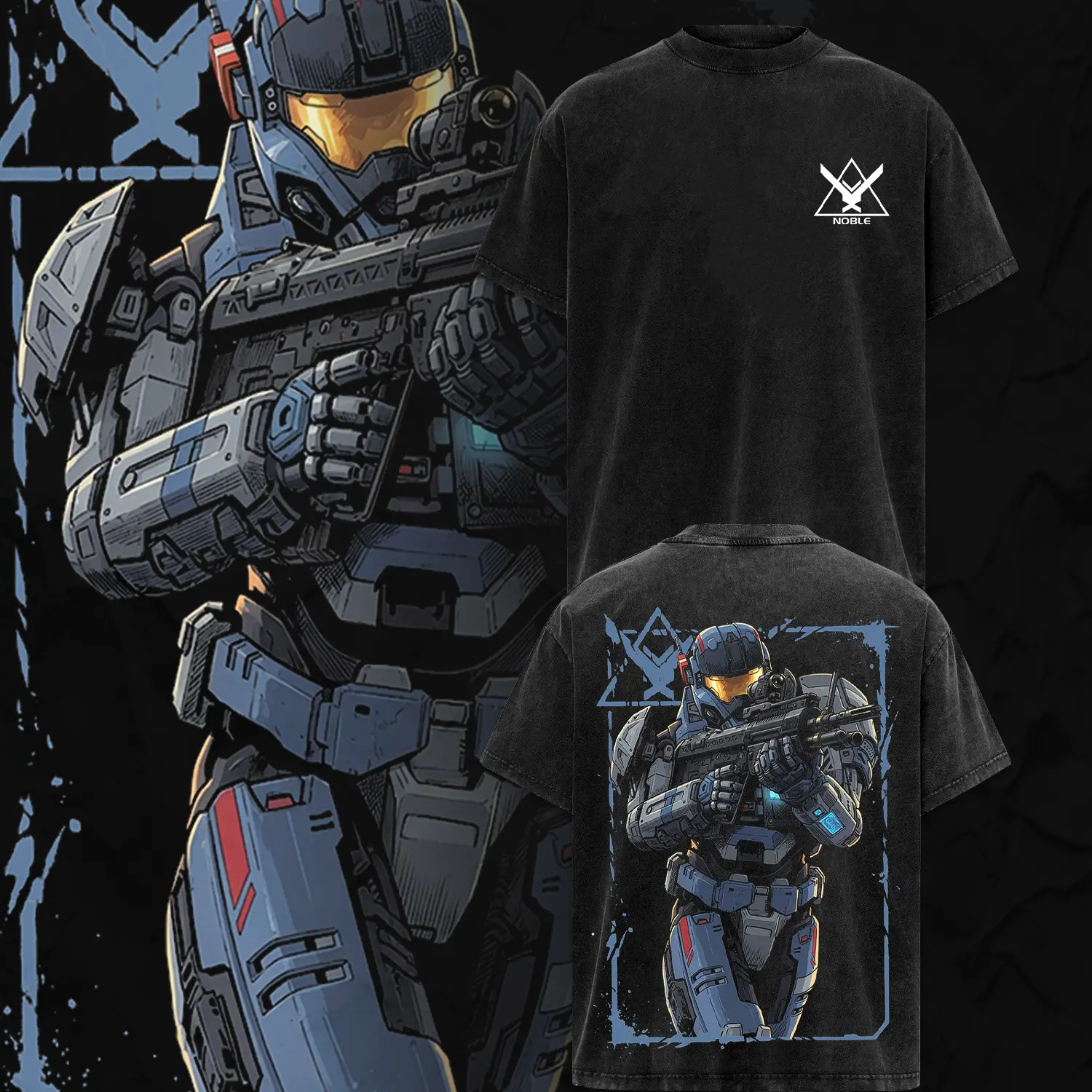[Collection] Noble Team - Halo Reach V4 Double Printed Oversize Lightweight Acid Washed Tee Game Graphic T-Shirt for Men Casual Day Wear Cotton Fabric - Jeans Vintage Gaming Retro Black Tee Oversized Heavyweight Cotton T-Shirts Love Menswear