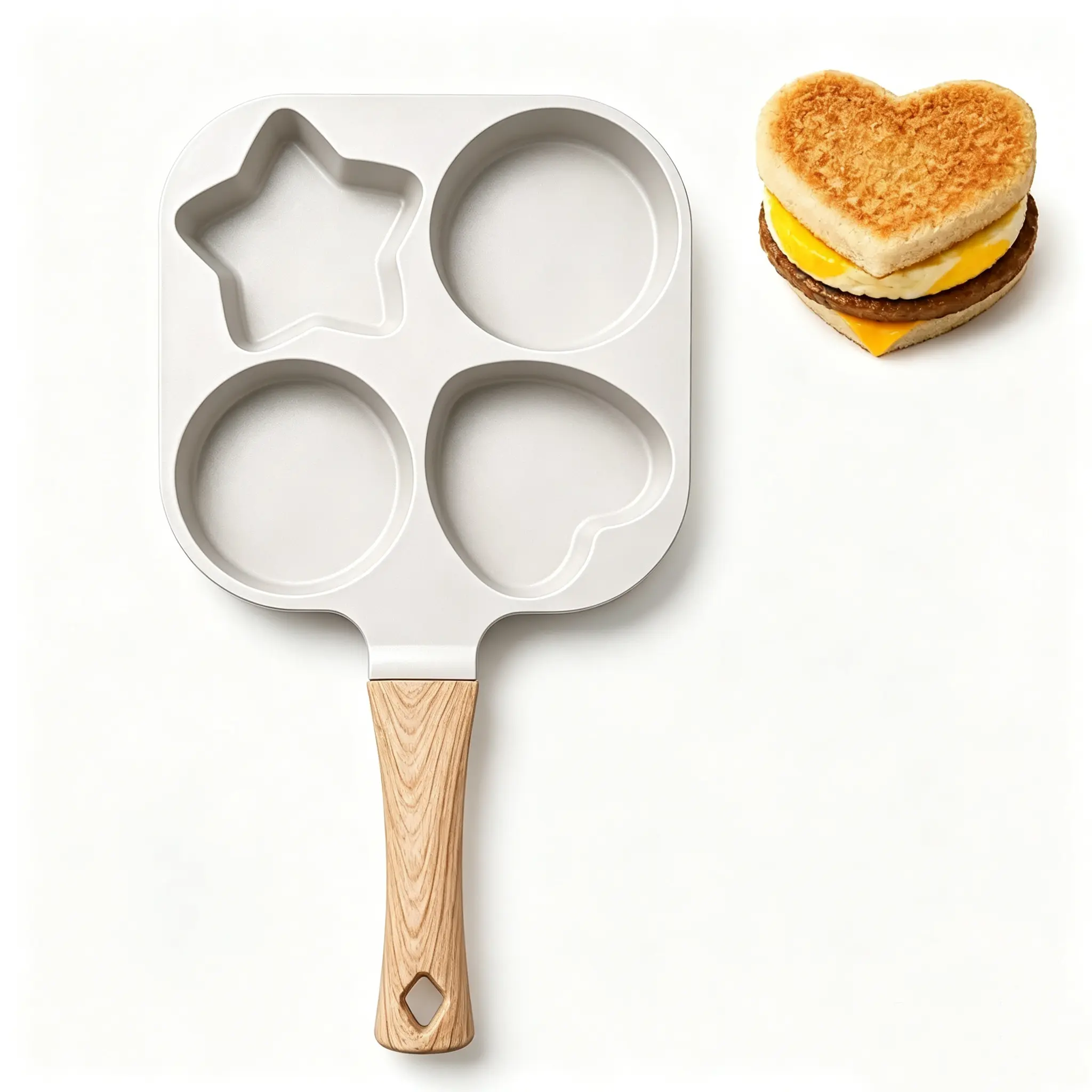 Cute 4-in-1 Nonstick Egg Frying Pan, 4-Hole Star Breakfast Skillet with Wooden Handle for Eggs, Pancakes, Omelettes & Breakfast Sandwiches, Easy-Clean Cookware for Family Breakfast, Kids Meals & Back to School