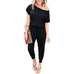 Summer Jumpsuit Rompers Off Shoulder for Women with Pockets Casual Elastic Waist Overalls Womenswear Comfort 01-Black Basic Fitted Minimalist Shortsleeve Batwing