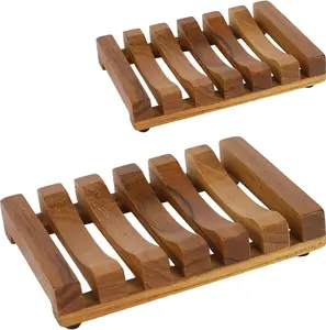2PCS Slotted Bar Soap Holder Teak Wood by HTB, Kitchen Wooden Sponge Holder, Self Draining Soap Dish for Shower, Sink, Bathroom, Bathtub, RV Minda Bamboo& Wood Industry