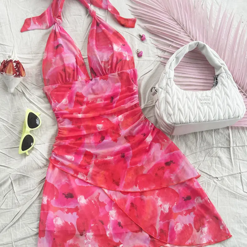 Floral Print Halter Ruched Tie Back Sleeveless A Line Summer Mini Dresses