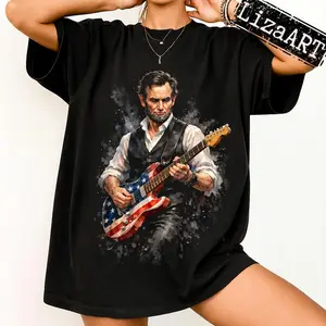 Playing Electric Guitar Shirt, Funny History Music Lover Gift, Abe Lincoln Playing Guitar Usa Flag Tee