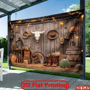 2D Flat Banner, 1pc Printing Banner, Western Cowboy Background - Polyester Fabric Photography Backdrop & Party Banner Decorations - Photographic Cloth, Ideal for Family Celebrations And General Gatherings, Holiday Photography,