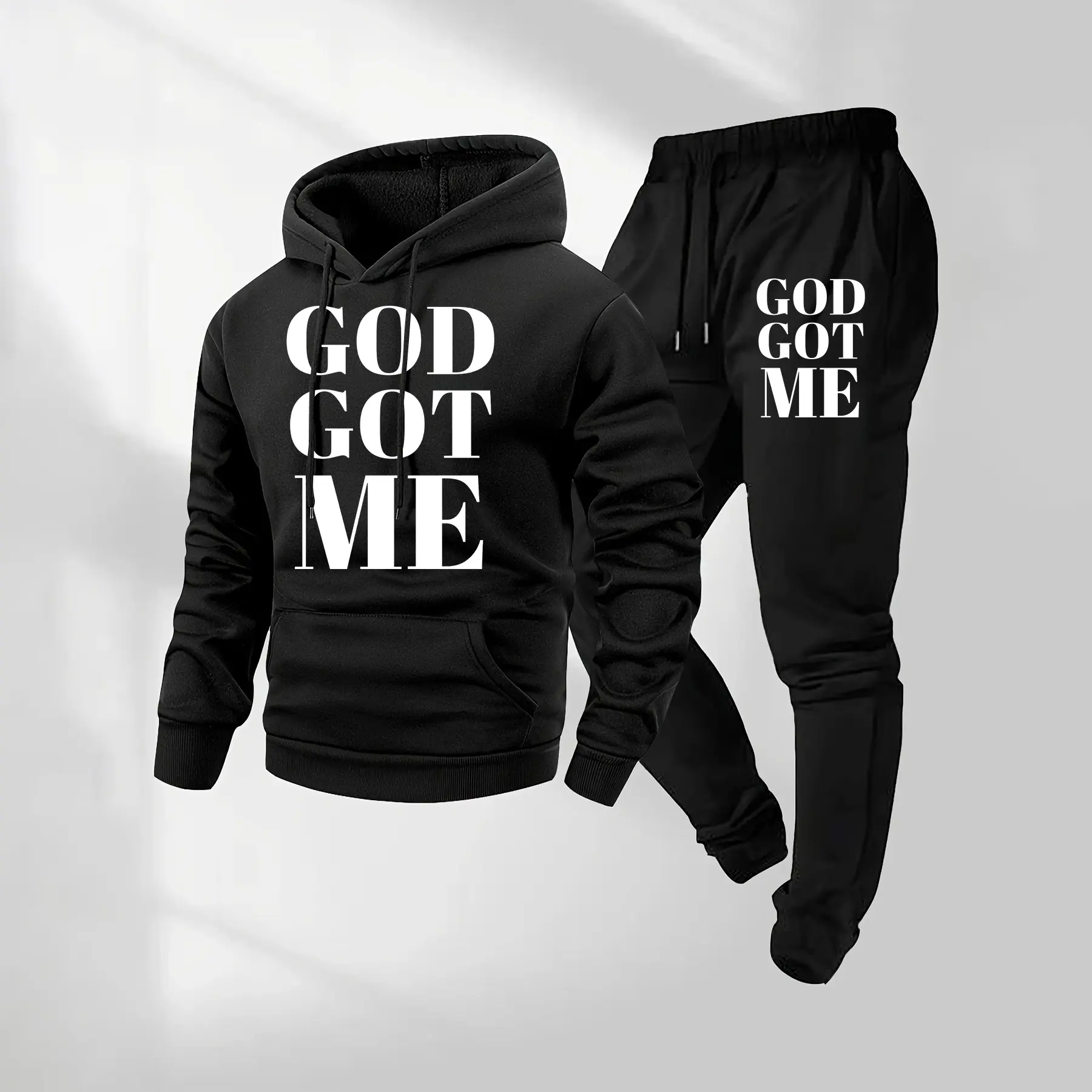 Men's 2-Piece Tracksuit, Casual Loose-Fit "God Got Me" Letter Print Hoodie and Sweatpants in Knitted Polyester for Fall & Winter, Knitting, Longsleeves, Fabric