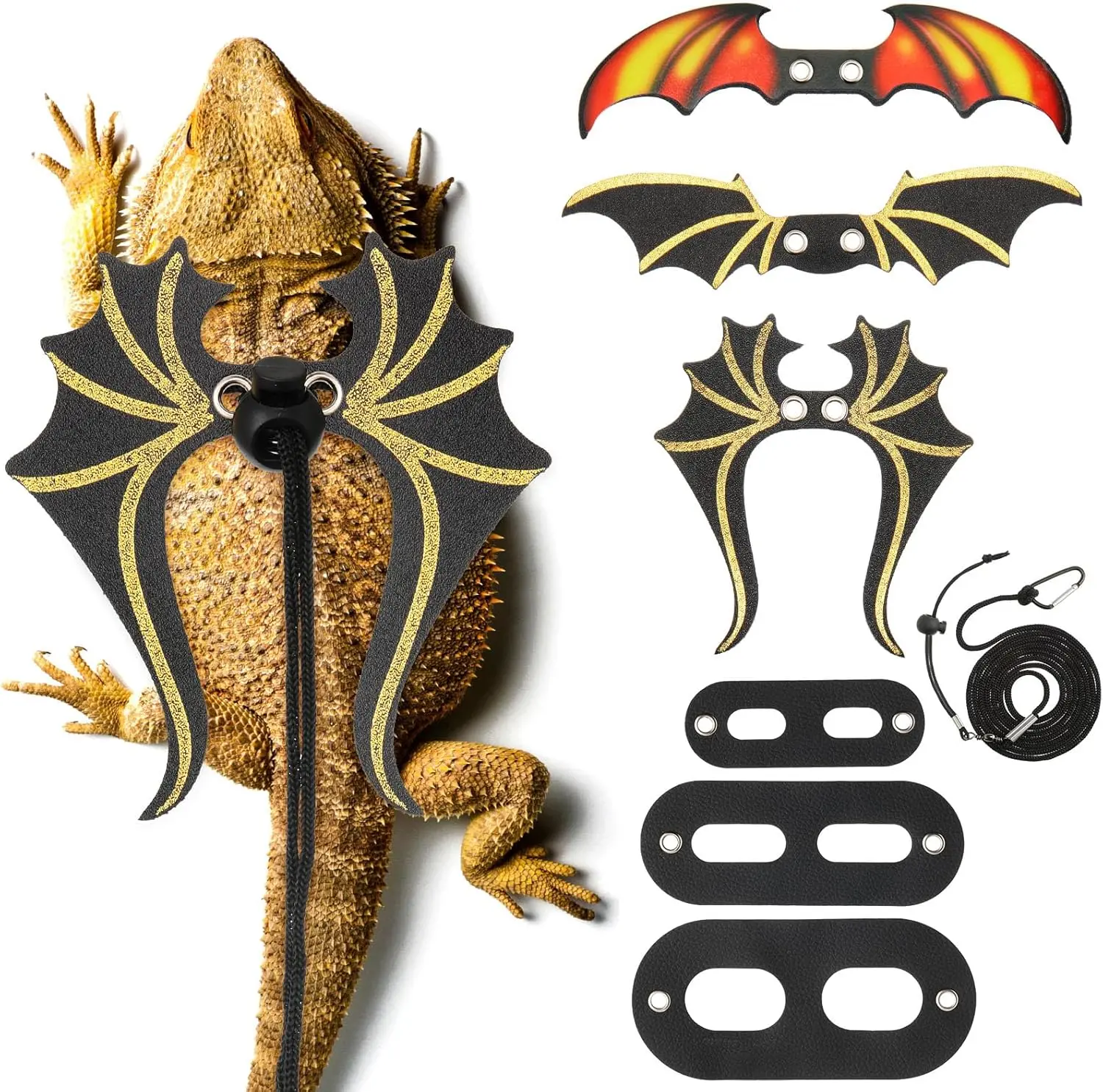 Bearded Dragon Leash and Harness Set 3 Size Pack Adjustable Cool Leather Lizard Leash with Dinosaur Wings for Reptile Safety Walking Accessories, Black Wesnoy