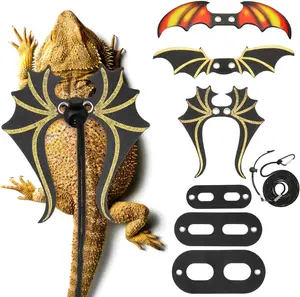 Bearded Dragon Leash and Harness Set 3 Size Pack Adjustable Cool Leather Lizard Leash with Dinosaur Wings for Reptile Safety Walking Accessories, Black Wesnoy