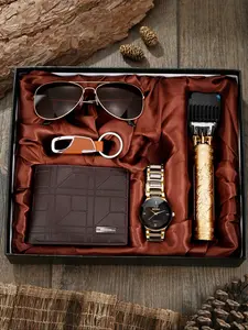 Men's Watch Gift Box Set, Perfect Gift Bundle, Fashionable Wristwatch, Practical Keychain, Stylish Wallet, Trendy Glasses, Unique Hair Clipper