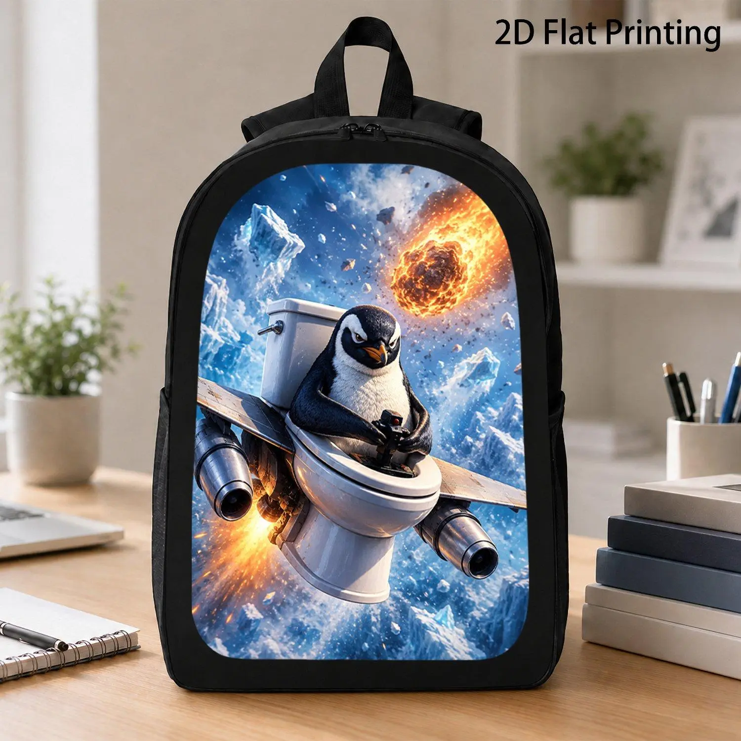 Funny Animal Graphic Backpack, Penguin Piloting Jet Toilet Over Ice Mountains With Burning Meteor, Arctic Scene, 2D Flat Printing Travel Laptop Backpack