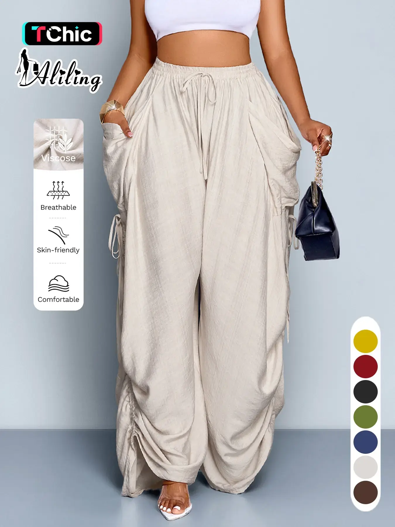 Aliling Women's Summer Casual Basic Solid Color High-Waisted Wide-Leg Bottom Pants, Adjustable Drawstring Side Regular Fit Pants for All Seasons