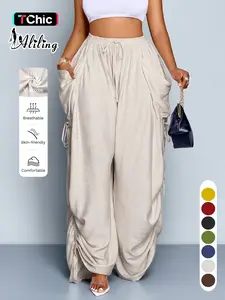 Aliling Women's Summer Casual Basic Solid Color High-Waisted Wide-Leg Bottom Pants, Adjustable Drawstring Side Regular Fit Pants for All Seasons