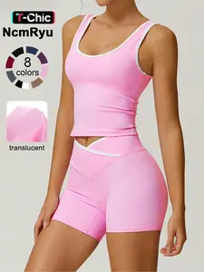 2 piece set women's patchwork high elasticity soft U-neck wide shoulder strap vest cross waist shorts yoga suit set, Workout Running Outfits, Stretchable Activewear, Sportswear Set, for all seasons running, walking gym sports training