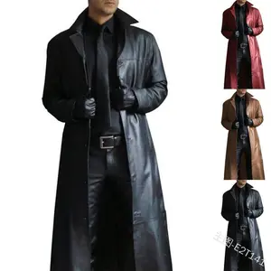 Men's fashion domineering temperament solid color windbreaker style slim leather long leather jacket men's jacket Coat Polyester Trench Clothes Menswear Sweater