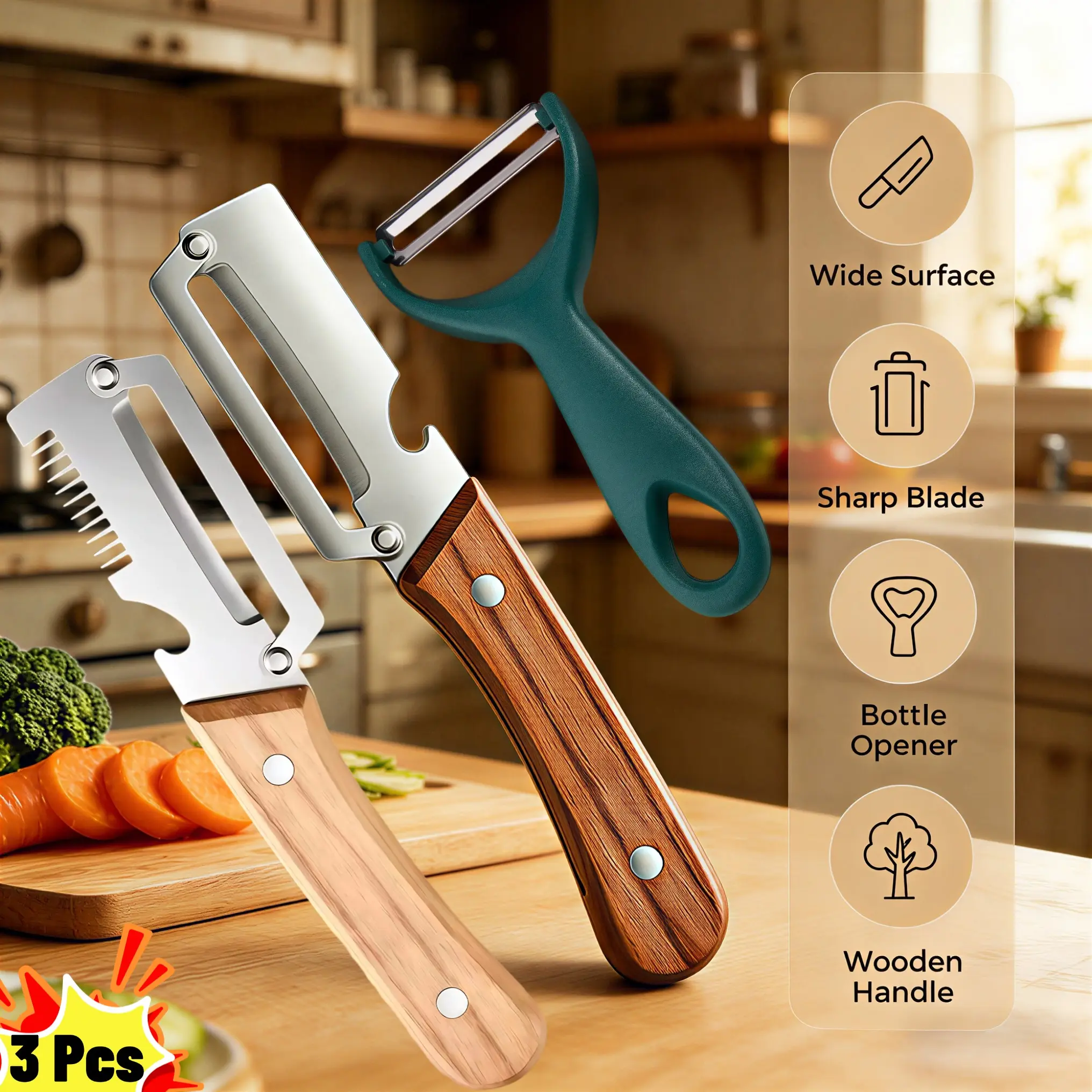 3-Pack 3-in-1 Kitchen Utensil Set - Stainless Steel Blade, Wooden Handle, Shredder, Bottle Opener for Fruit Vegetable Peeling Tasks