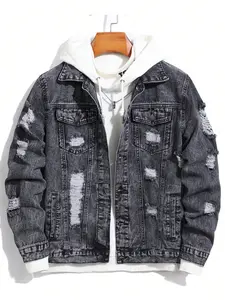 Trendy Distressed Ripped Plain Denim Long Sleeve Jacket, Outerwear, Full of Street Style, Easily Create a Unique Look!(inner wear not included).