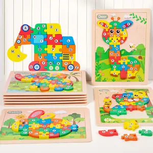 Hatwoo 26pcs Letters Wooden Puzzle Learning Toy, 3D Animal Wooden Jigsaw Puzzle Board, Tiger Giraffe Elephant & Rabbit Puzzle Toy, Educational Christmas Gift, Playful Design