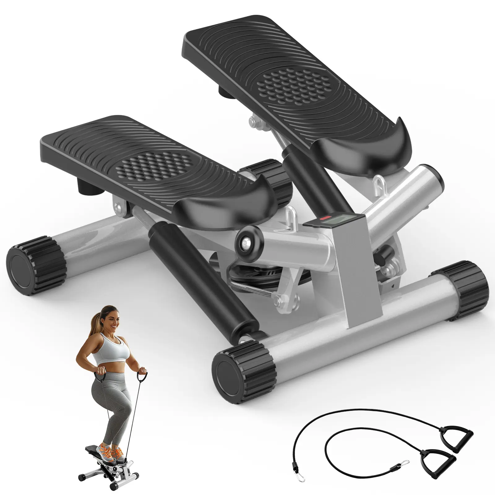 Compact Mini Stair Stepper, Portable At Home Gym Equipment with Resistance Bands & LED Monitor, Ultra-Quiet Adjustable Design with 265 lbs High-Capacity, Workout Equipment, Home Workout