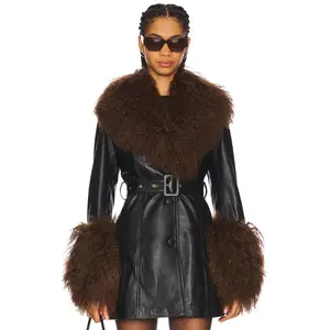Susanna Chow Mimi Leather Coat With Fur Trim in Black & Brown