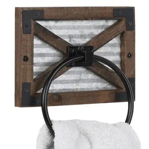 Autumn Alley Brown Barn Door Bathroom Towel Ring with Brackets Rustic Weathered Wood & Galvanized Metal 6" Towel Holder for Hand or Dish Towels