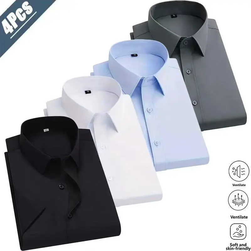 Men’s 4-Pack Ice Silk High-Stretch Short Sleeve Shirts, Fashion Button-Front Turn-Down Collar, Summer Breathable Skin-Friendly Drapey Fabric, Slim-Fit No-Iron Business Commuter Shirts by Sohochic