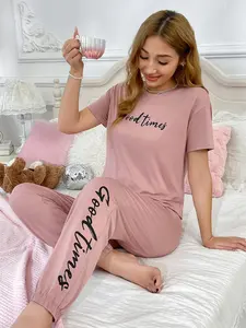 Women’s Comfortable Loose-Fit Pajama Sleepwear Set, Soft Cotton Short Sleeve Long Pants Two-Piece Suit, Casual Home Wear for Women