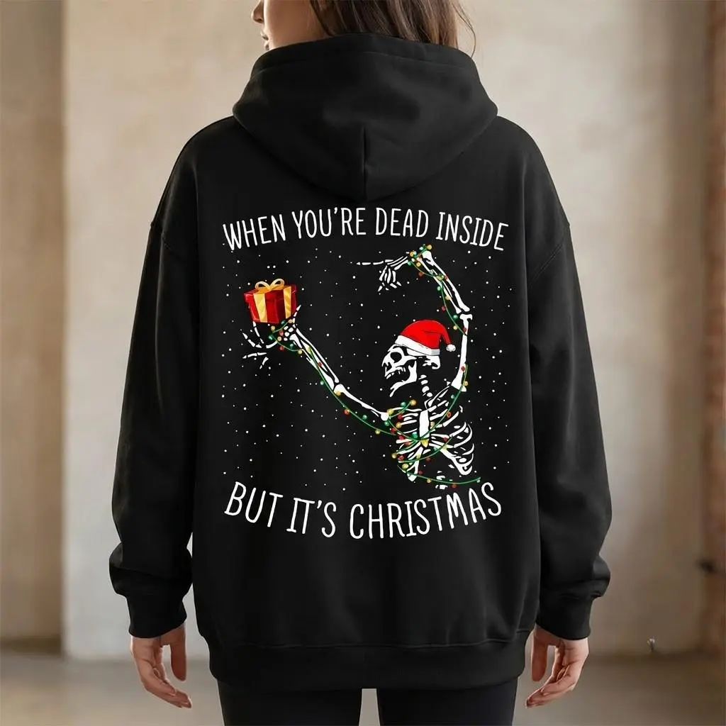 Funny Skeleton Christmas Hoodie Dead Inside But It's Christmas Graphic Sweatshirt Oversized Y2K Goth Holiday Pullover Crewneck Winter Fashion Aesthetic Edgy Xmas Outfit Gift for Teens Men Women Black Streetwear Harajuku Casual Warm Hooded Jumper Casual