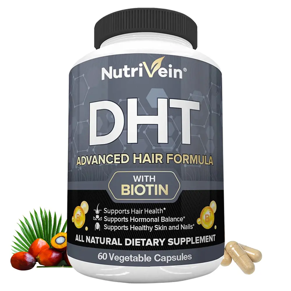 NutriVein DHT Advanced Vegan GMO-Free Hair Growth Products Dietary Supplement - 10,000mcg Biotin, Botanical Blend with Saw Palmetto, Resveratrol, Beta-Sitosterols, Pumpkin Seed Extract, Pygeum, Zinc, Green Tea Daily Wellness Capsules
