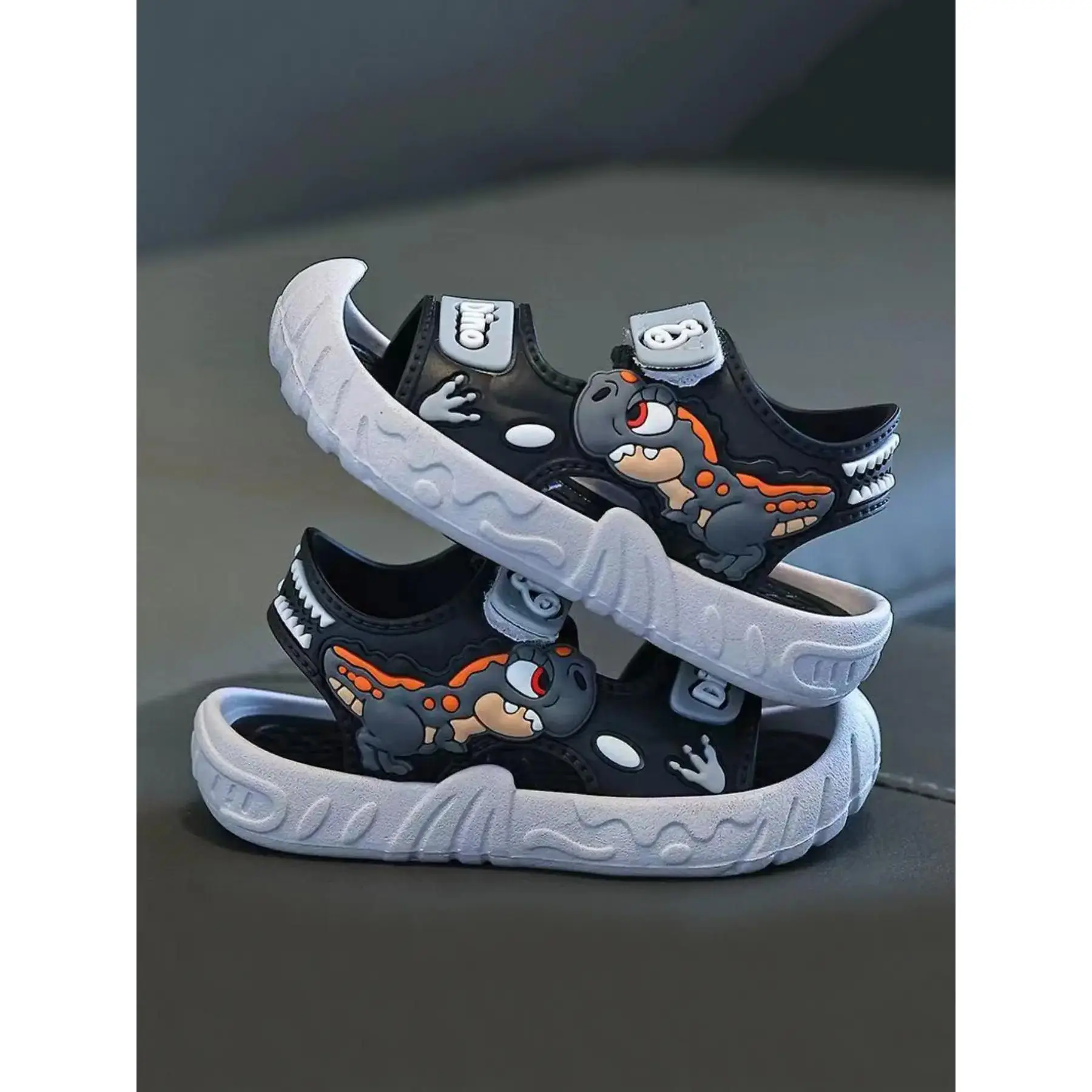 Boys' Synthetic Open-Toe Beach Sandals - Beach Slippers, Low Cut, Slip-On Velcro, Soft Sole, Lightweight, 1-3 cm Low Heel, No Arch Support, PVC Upper, Outdoor Casual Footwear, Less Than Ankle Height, Solid