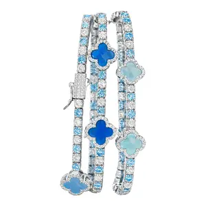Aura Zen Yemaya Asesu Clover Moissanite Tennis Bracelet 3mm Blue & White Stones – 925 Sterling Silver 4 Leaf Clover Yoruba Santeria Spiritual Jewelry Pulsera Trebol Azul