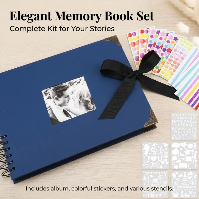 Spiral-Bound DIY Scrapbook Kit, Hardcover Photo Album with Ribbon Closure, Complete Set with Stickers, Heart Sticker & Stencils, Personalized Memory Journal for Weddings, Travel, Birthdays and Anniversaries, Scrapbooking Kit