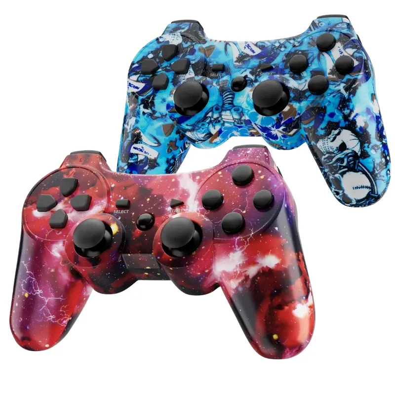 2-Pack Plastic Rechargeable Gamepad Controllers - Console Game Stick Accessories, 450mAh Batteries, Bluetooth Wireless, PS3/PC/Laptop Compatible, PS2 Wired Support, Double Vibration, 6-Axis Gyro, Galaxy+Blue, Premium Triggers & Joysticks, 5H Playtime