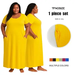 Women's Plus-Size Basic Yellow Short-Sleeve Pocketed Maxi Dress, Round Neck, Polyester Blend, Breathable, Simple Cut, Ideal for Casual Wear, Summer Outings, Plus Size Clothes, Maxi Dress for Women, Plus Size Dress, Knitting Casual Dresses summerwins,summe