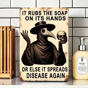 Gothic Plague Doctor Aluminum Vintage Wall Art Sign with Hand Washing Reminder, Halloween Spooky Home Decor for Bathroom Living Room and Office Display