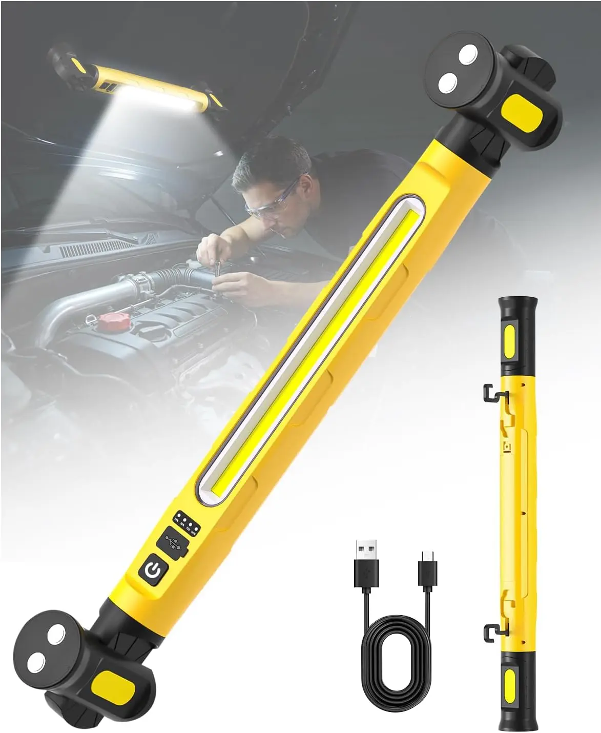 5200mAh Long Lasting Under Hood Work Light Bar, 3000LM Super Bright Yellow LED Magnetic Mechanic Light, Cordless Rechargeable Garage Inspection Light with Hooks for Car Repair, Auto Maintenance & Emergency Use