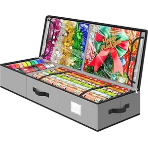 Christmas Wrapping Paper Storage Organizer 40-Inch | Gift Wrap Holder with 2 Clear Pockets for Bows, Ribbons & Holiday Accessories | Under-Bed Decoration Storage Box | Gift Wrap Roll Container – Grey, Christmas decoration, home décor, wrap holder