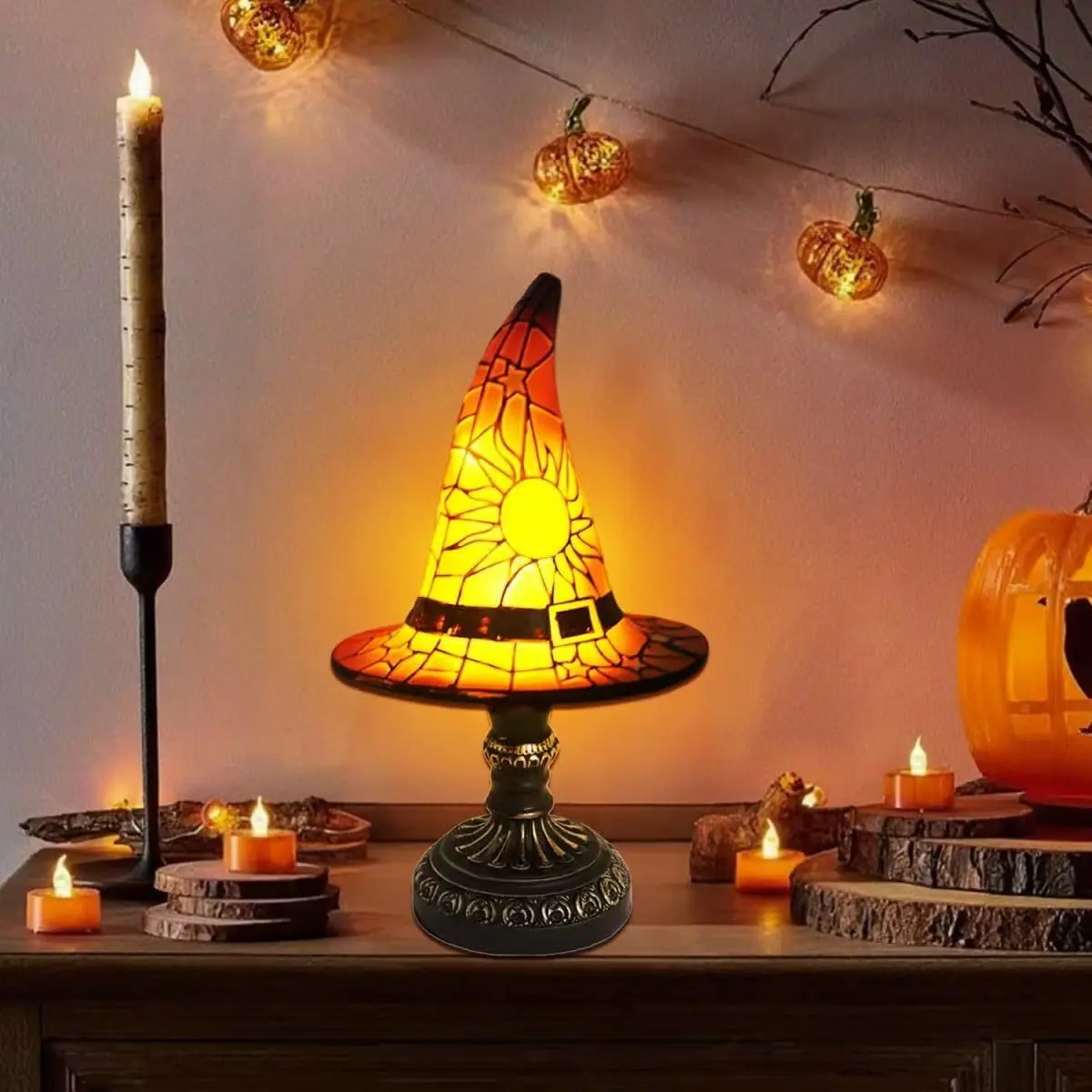 Halloween Witch Hat Tiffany Style USB Camping Light, 7.09" Mini Portable Stained Glass Lantern, Cute Home Decor Item for Outdoor Use Decorative Lights