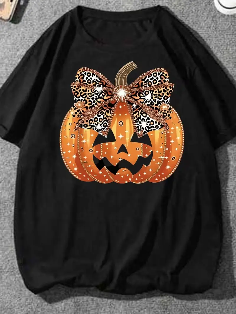 Black T-Shirt with Pumpkin And Leopard Bow Print for Halloween Party